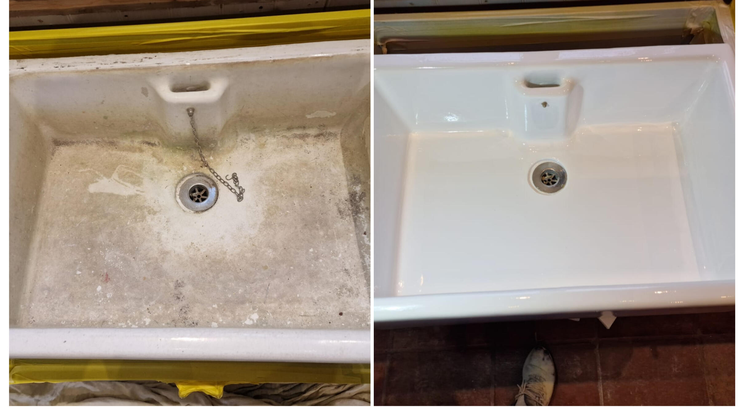 BELFAST KITCHEN SINK RESTORED IN Swansea BEFORE AND AFTER PHOTOS OF A KITCHEN CERAMIC BELFAST SINK, WAS DAMAGED AND FULL OF CHIPS, FULLY RESORED TO A LIKE NEW FINISH IN Swansea