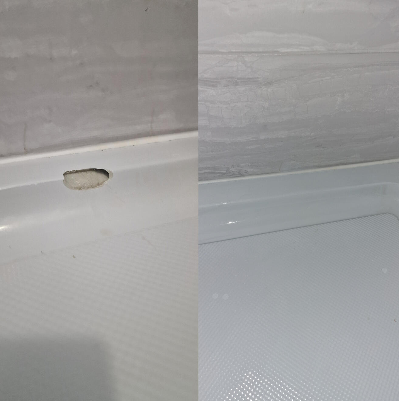 BEFORE AND AFTER PICTURES OF A STONE RESIN SHOWER TRAY CHIP REPAIR Before and after pictures of a shower Tray repair Swansea
