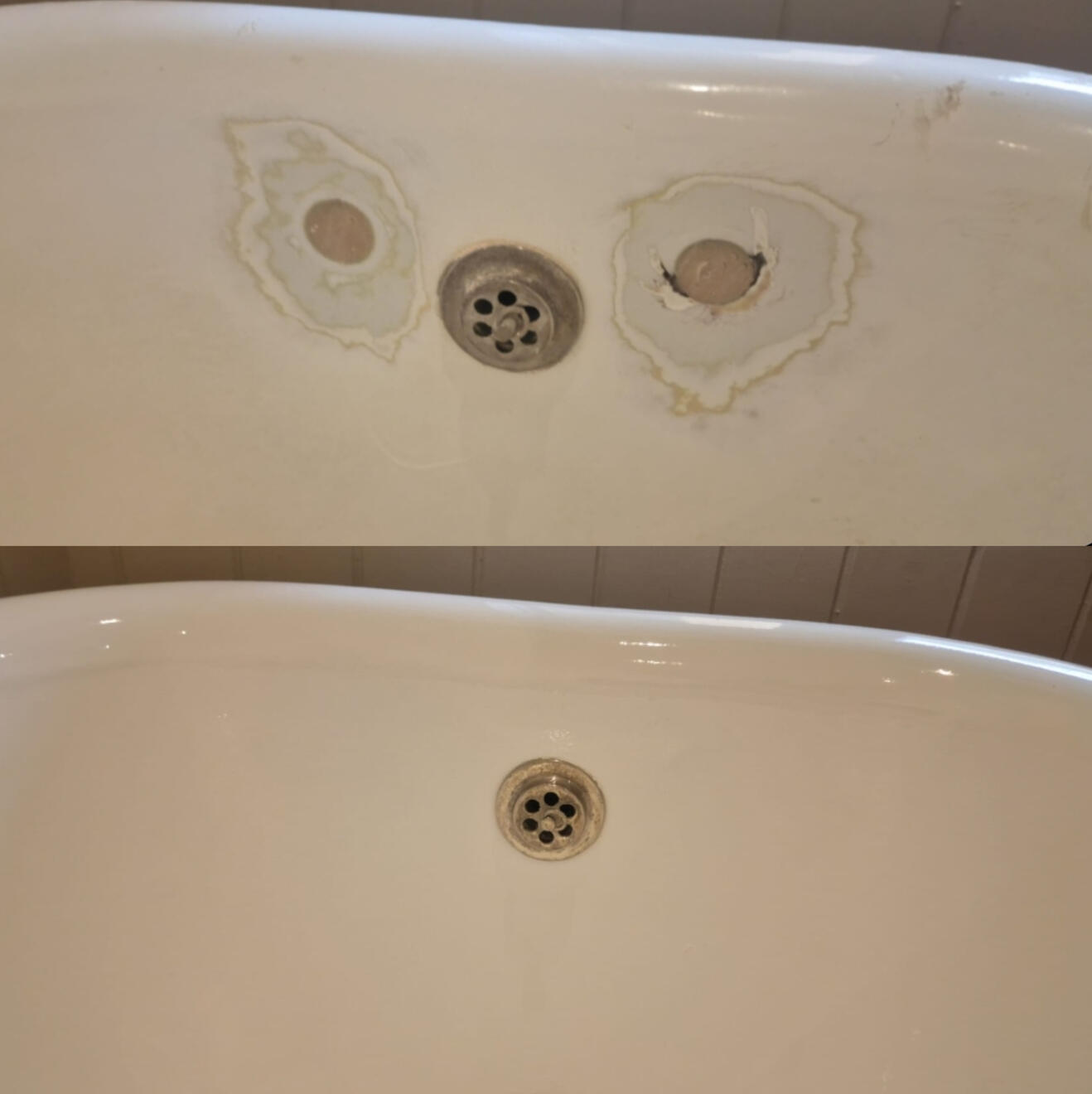 BEFORE AND AFTER PICTURES OF A CAST IRON BATH TAP HOLES FILLED AND REPAIRED Before and after cast iron bath tap holes filled and repaired in Swansea