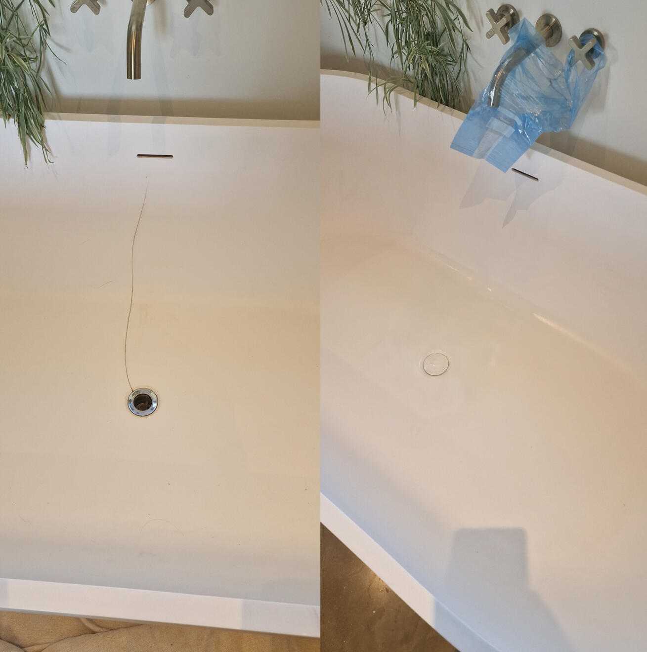 before and after pictures of a stone resin acrylic bath crack repair Reinforced stone resin bath crack repair in Swansea