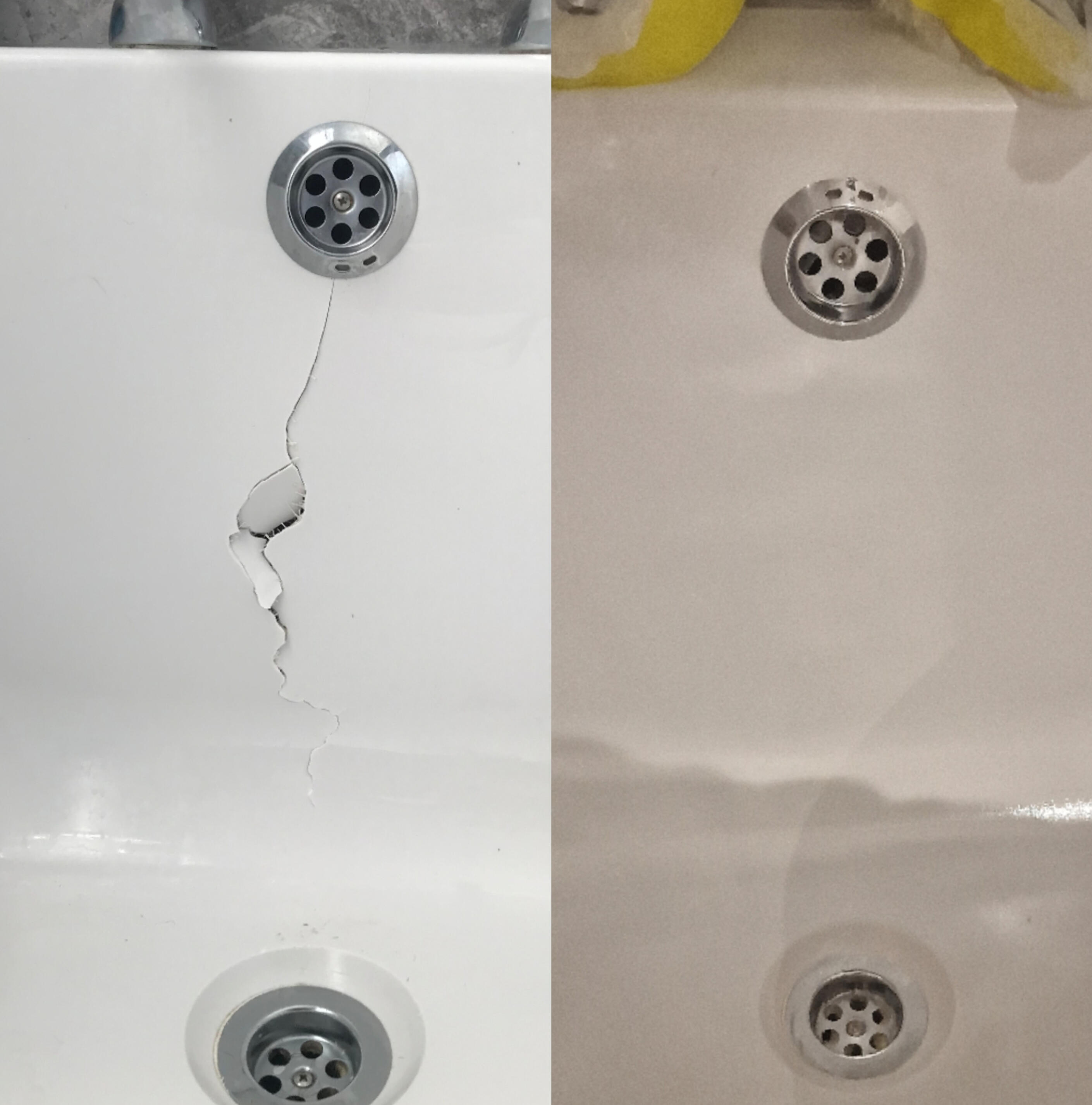 Acrylic Bath Crack Repair Before & After photos of an Acrylic Bath Crack Repair in Swansea