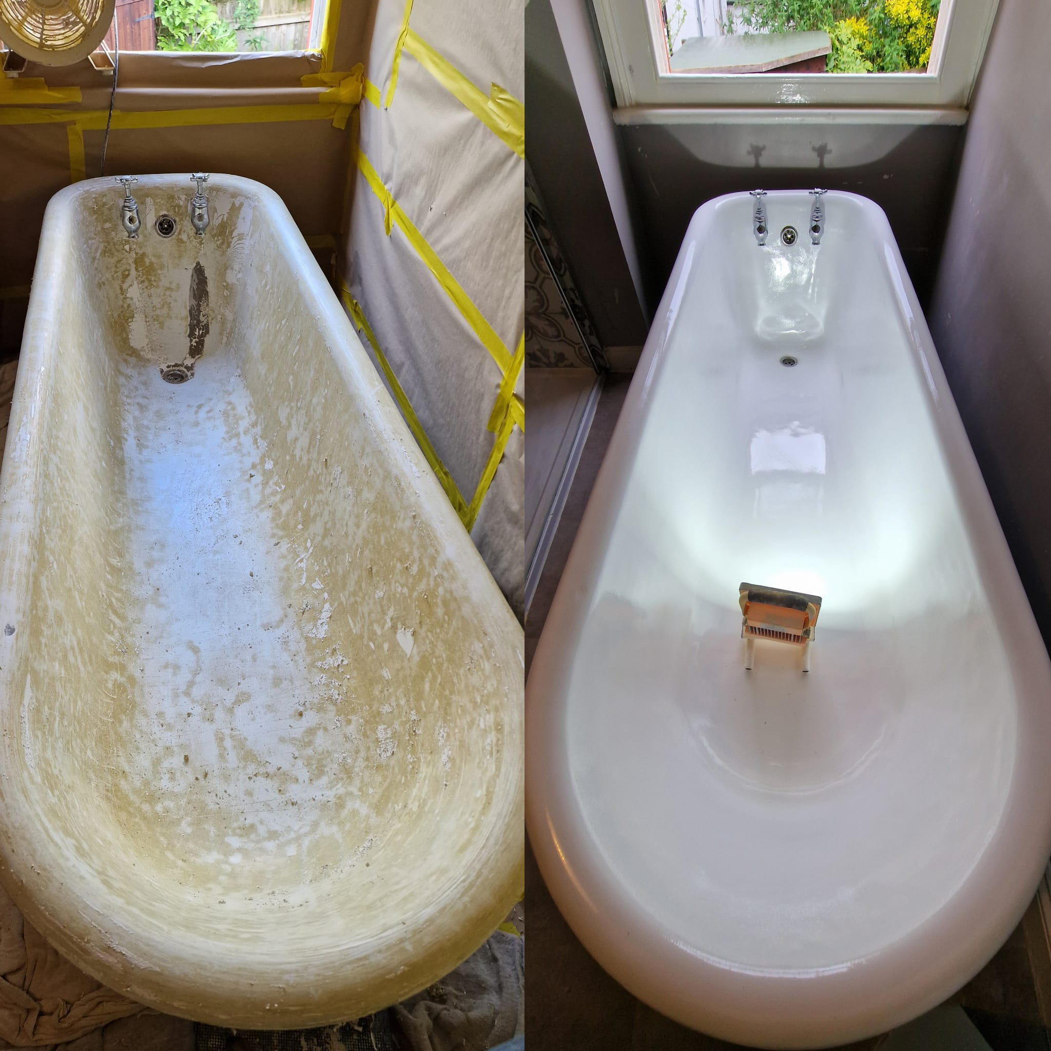 PICTURE OF A BEFORE AND AFTER OF A ROLL TOP CAST IRON BATH Before and after roll top cast iron bath re-enamelling in Swansea